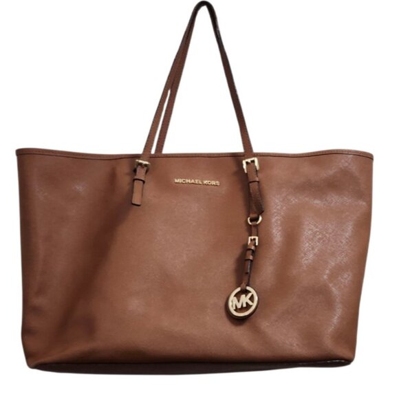 MICHAEL KORS Saffiano  Leather Brown Jet Set Travel Tote - Picture 3 of 16